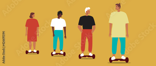 People on a hoverboard isolated, flat vector stock illustration with electronic board as transport