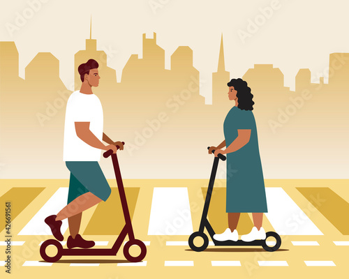 Electric scooter in the city, flat vector stock illustration with eco-friendly modern transport for moving around the city