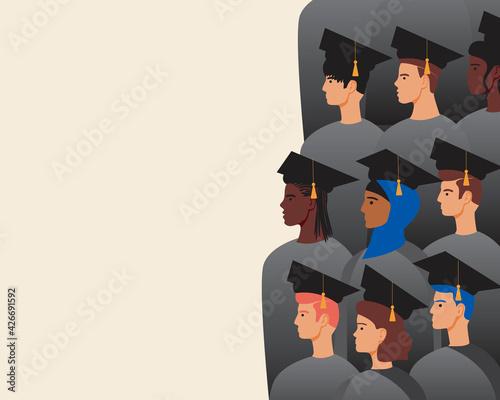 Graduates as copy space template, flat vector stock illustration with people in master's or bachelor's gowns for design