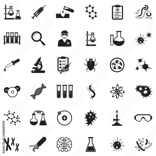 Lab And Research Icons. Black Flat Design. Vector Illustration.