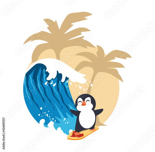 Cute penguin surfing big wave