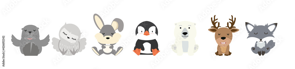 Cute animal Arctic Cartoon characters  set