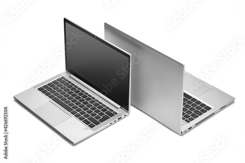 Rear and front view of modern slim laptop design isolated on white background