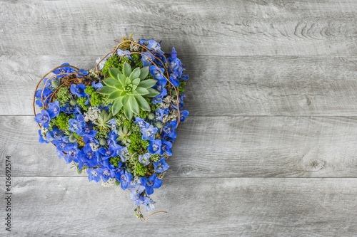 Fotografija Heart shape of blue flowers on a grey wooden background - Wood Table flat lay -