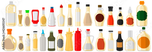 Illustration on theme big kit varied glass bottles filled liquid garlic sauce