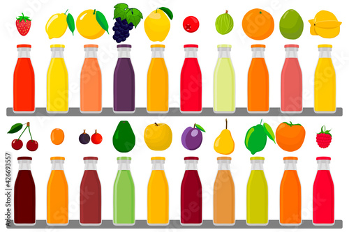 big kit glass bottles with caps filled liquid multicolored fruit juice