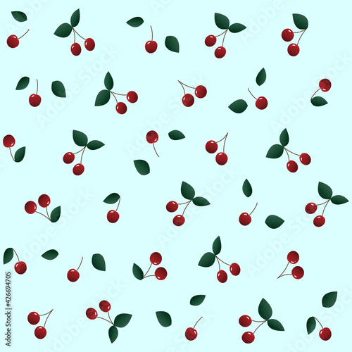 Seamless red cherry pattern illustration, vector for fashion, wrapping paper, fabric, wallpaper and all prints on turquoise background