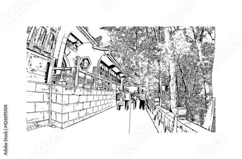 Building view with landmark of Dujiangyan is the city of China. Hand drawn sketch illustration in vector.