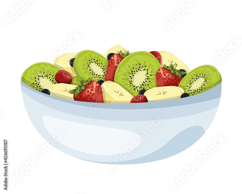 Homemade fruit salad with fresh fruit: kiwi, banana, strawberry, currant and cherry
