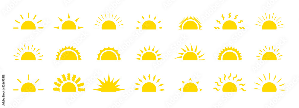 Set of sun flat cartoon icon. Elements for logo of sunrise, sunset. Graphic symbol different shapes, half sun with rays for design app weather. Isolated on white vector illustration eps 10 Stock Set of sun flat cartoon icon. Elements for logo of sunrise, sunset. Graphic symbol different shapes, half sun with rays for design app weather. Isolated on white vector illustration eps 10 Stock