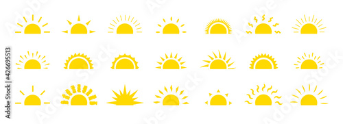 Set of sun flat cartoon icon. Elements for logo of sunrise, sunset. Graphic symbol different shapes, half sun with rays for design app weather. Isolated on white vector illustration eps 10