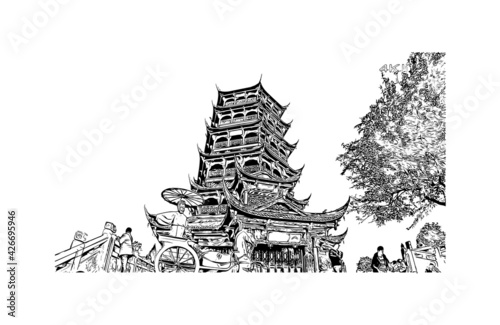 Building view with landmark of Dujiangyan is the city of China. Hand drawn sketch illustration in vector.