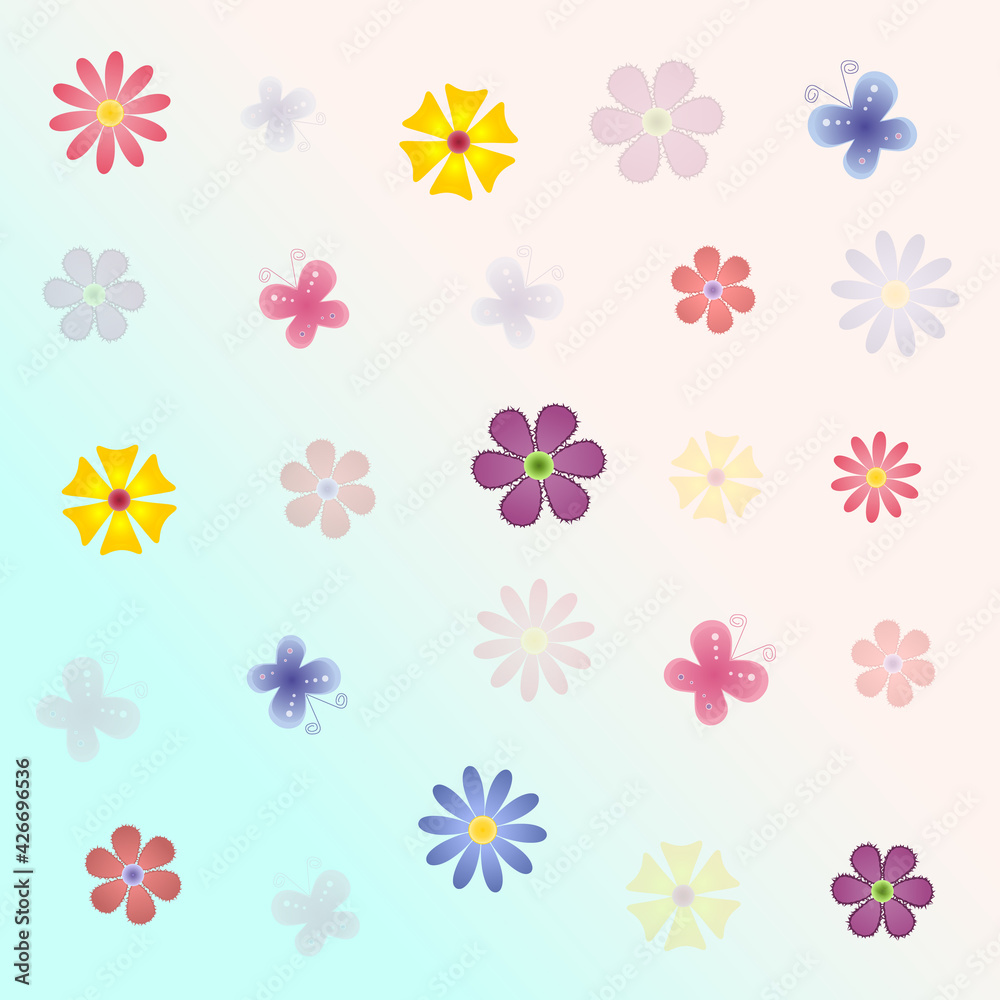 Seamless pattern with flowers and butterflies. Illustration on turquoise and pink background Seamless pattern with flowers and butterflies. Illustration on turquoise and pink background