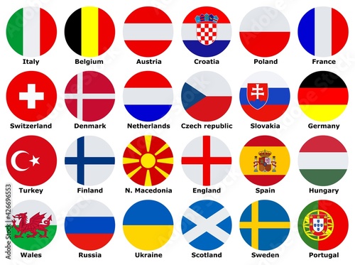 Flags of participating teams with English text 