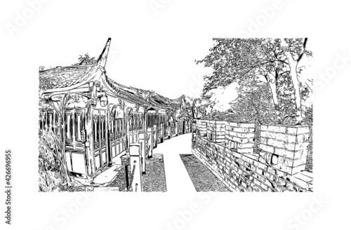 Building view with landmark of Dujiangyan is the city of China. Hand drawn sketch illustration in vector.