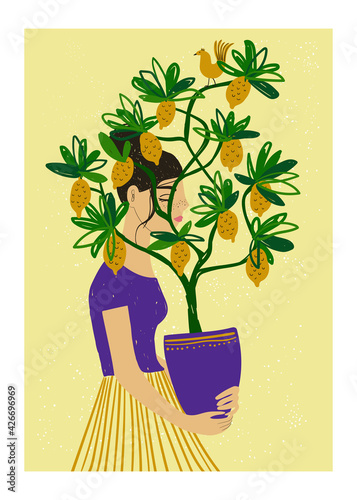 Poster with sad girl holding a pot with lemon tree