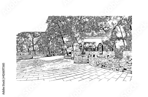 Building view with landmark of Dujiangyan is the city of China. Hand drawn sketch illustration in vector.