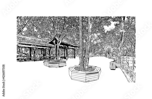 Building view with landmark of Dujiangyan is the city of China. Hand drawn sketch illustration in vector.