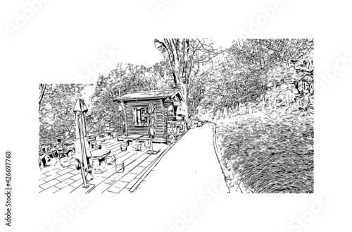 Building view with landmark of Dujiangyan is the city of China. Hand drawn sketch illustration in vector.