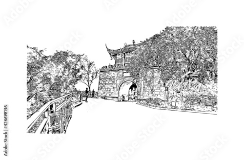 Building view with landmark of Dujiangyan is the city of China. Hand drawn sketch illustration in vector.