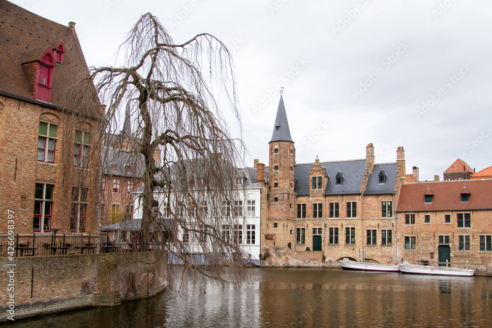 Bruges, Belgium, view of old houses from the canals