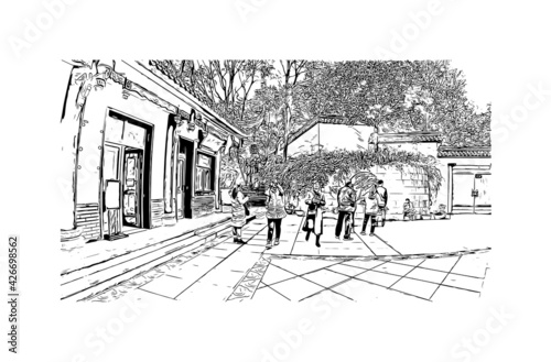 Building view with landmark of Dujiangyan is the city of China. Hand drawn sketch illustration in vector.