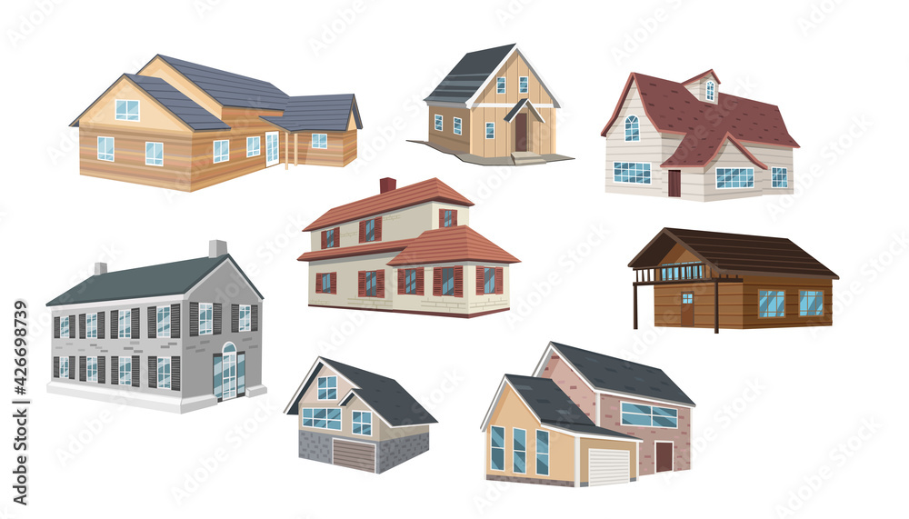 A set of cartoon houses in different architectural styles. Isolated vector set.