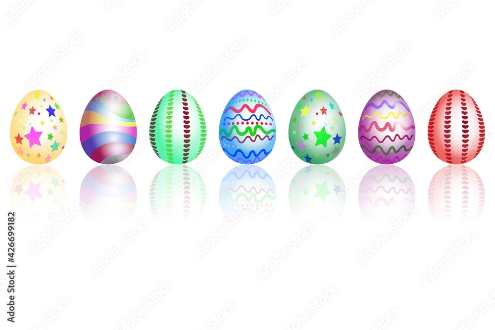 Set of easter eggs with variety of texture and realistic reflected shadow. Happy easter holiday nice eggs isolated on white background.