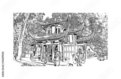 Building view with landmark of Dujiangyan is the city of China. Hand drawn sketch illustration in vector.