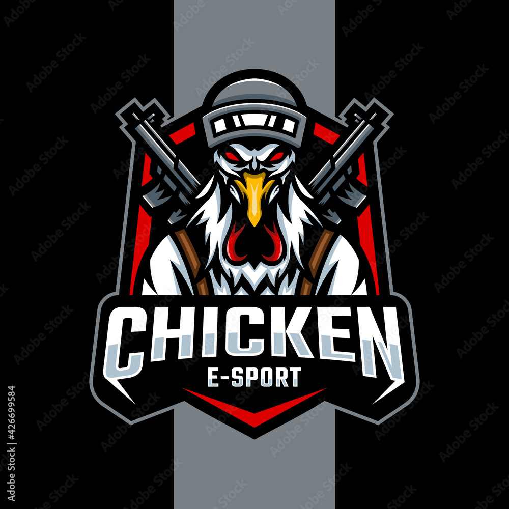 Chicken rooster mascot with firearm. e sport logo design