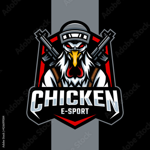 Chicken rooster mascot with firearm. e sport logo design