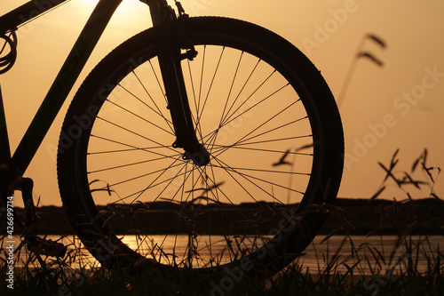 Close-up silhouette of a bike wheel at sunset. The sun shines through the frame of a bicycle, selective focus