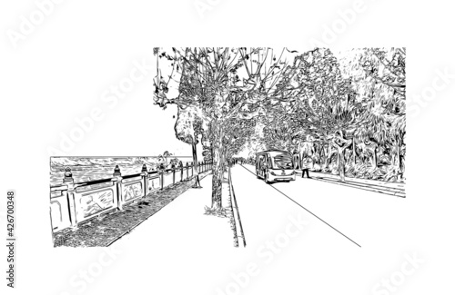 Building view with landmark of Dujiangyan is the city of China. Hand drawn sketch illustration in vector.