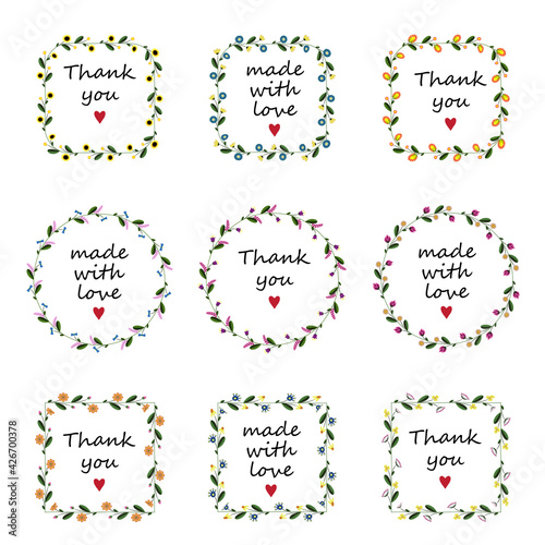 flowers frame handmade stickers thank you made with love herbal ornament print