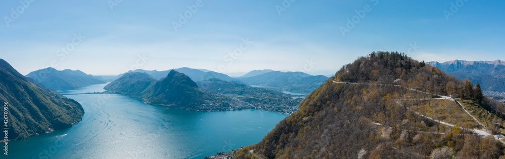 Aerial view of Lugano lake, Lugano city and Monte Brè in Canton Ticino in southern Switzerland