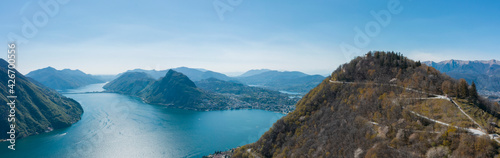 Aerial view of Lugano lake, Lugano city and Monte Brè in Canton Ticino in southern Switzerland