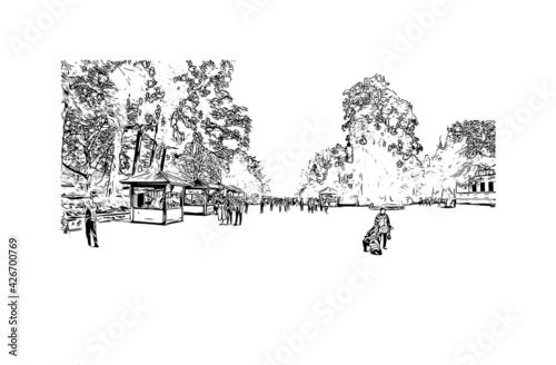 Building view with landmark of Dujiangyan is the city of China. Hand drawn sketch illustration in vector.