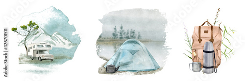 Watercolor illustration of a camping tent. Perfect for logo