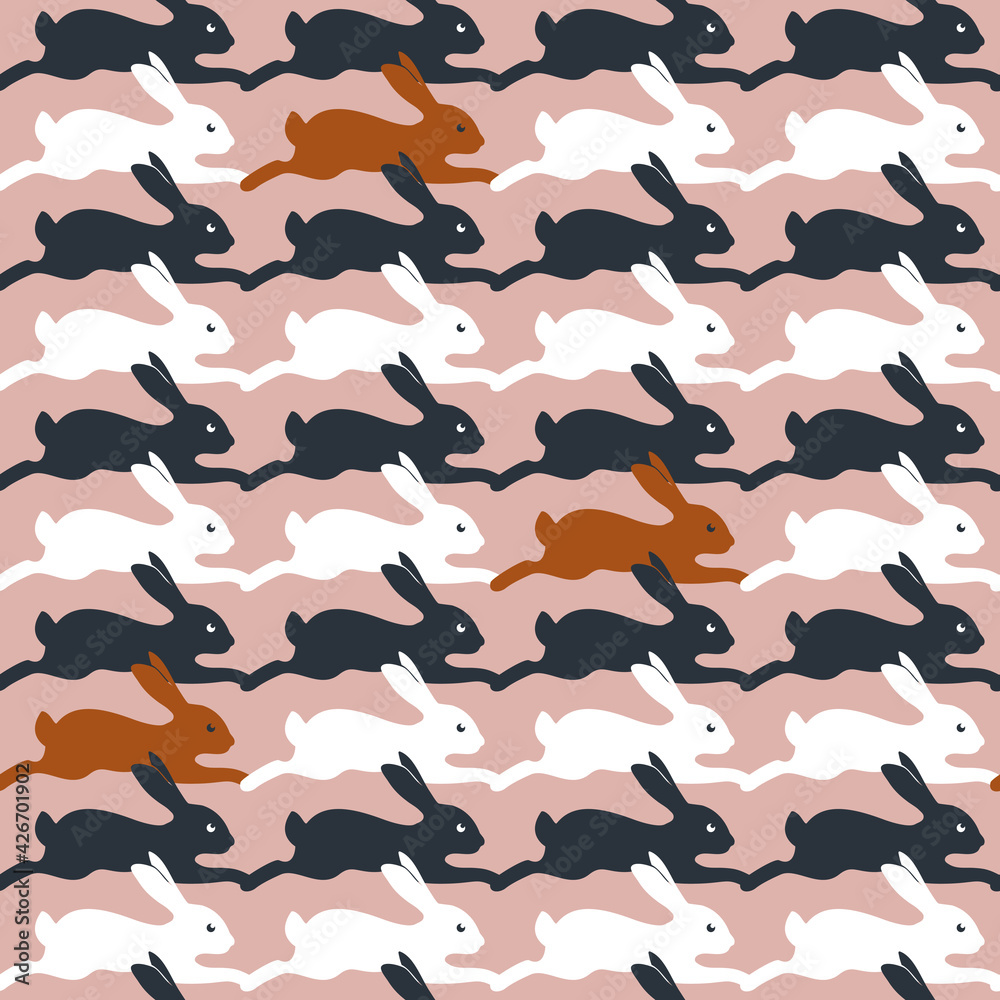 Seamless pattern with rabbits. Graphic design for paper, textile print, page fill - Vector stock illustration.