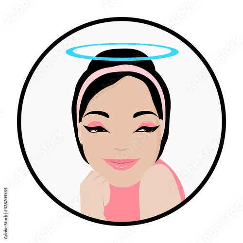 Well done! Cartoon friendly brunette woman with halo over head is happy, smiling angel girl flirts cute.
