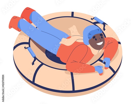 Black kid in snow tubing smiling and riding isolated on white. Vector character good for winter activities