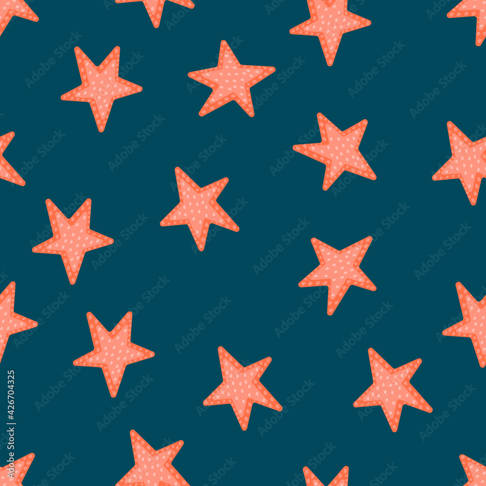 seamless pattern with starfish of orange color on dark background