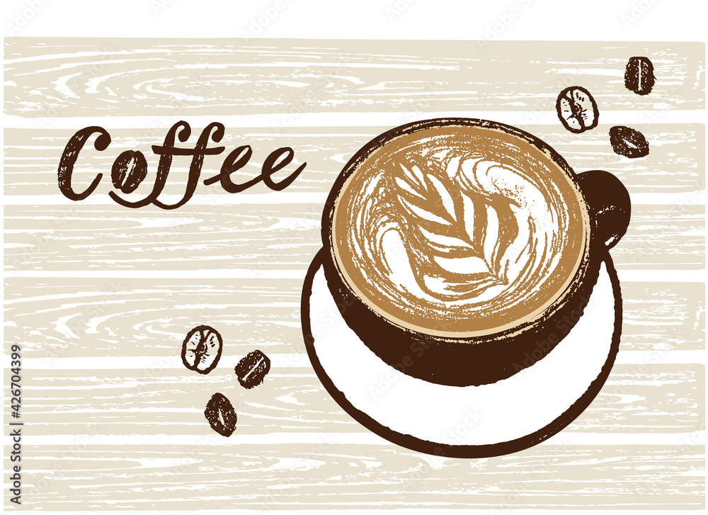 コーヒーのイラスト テーブルの上にリーフが描かれたカプチーノのイラスト Stock Vector Adobe Stock