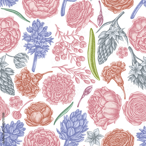 Seamless pattern with hand drawn pastel peony, carnation, ranunculus, wax flower, ornithogalum, hyacinth