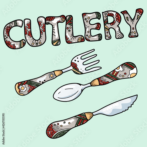 Hand drawn cutlery set decorated with ornament. Abstract cartoon vector illustration of kitchen utensils knife, fork, spoon. Colorful bright design for decoration.