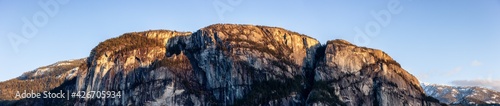 Beautiful Panoramic View of the Famous Chief Mountain during sunny winter sunset. Located in Squamish, North of Vancouver, British Columbia, Canada. Nature Background Panorama