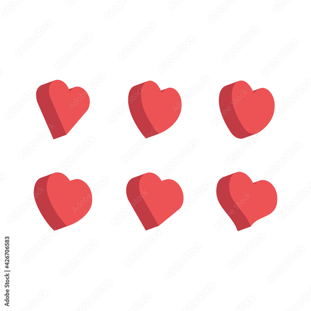 Heart flat 3d icon collection. Red hearts vector isometric illustrations.