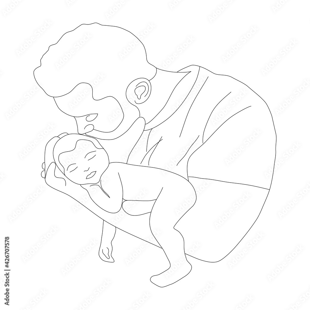 Linear portrait of a man with a child in her arms for printing on a poster or textiles. Linear portrait of a man with a child in her arms for printing on a poster or textiles.