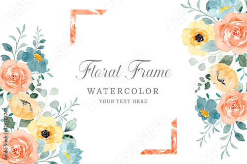 Yellow orange watercolor floral frame background