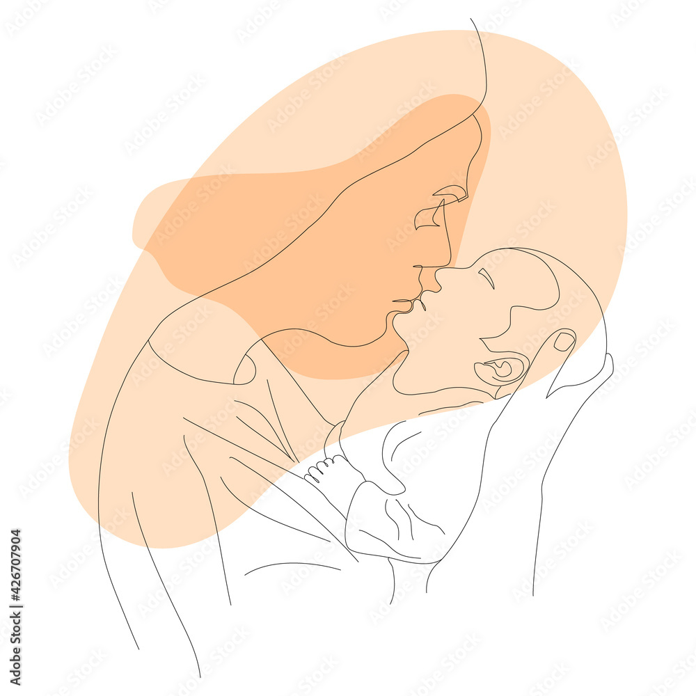 Linear portrait of a woman with a child on an abstract background for printing on posters or textiles. Linear portrait of a woman with a child on an abstract background for printing on posters or textiles.